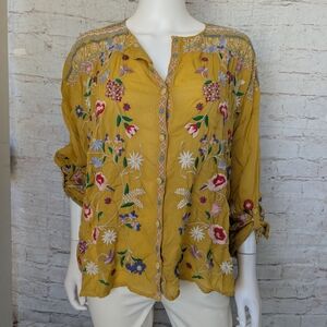 Johnny Was Mustard Floral Embroidered Blouse